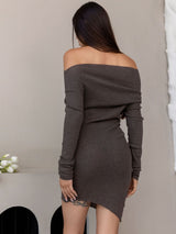 Elegant Brown Off Shoulder Knitted Mini Dress