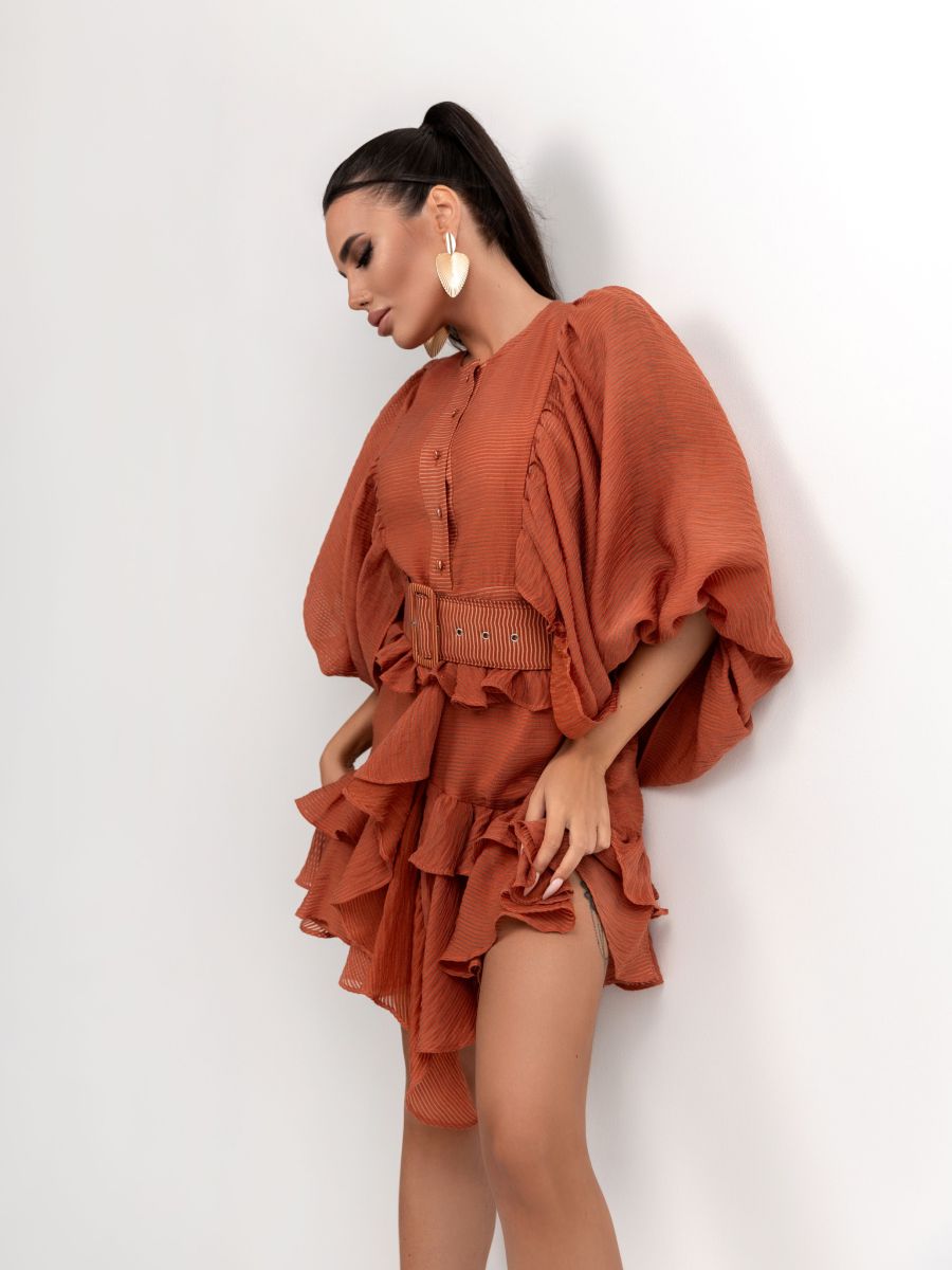 Vintage Brown Ruffled Mini Boho Dress