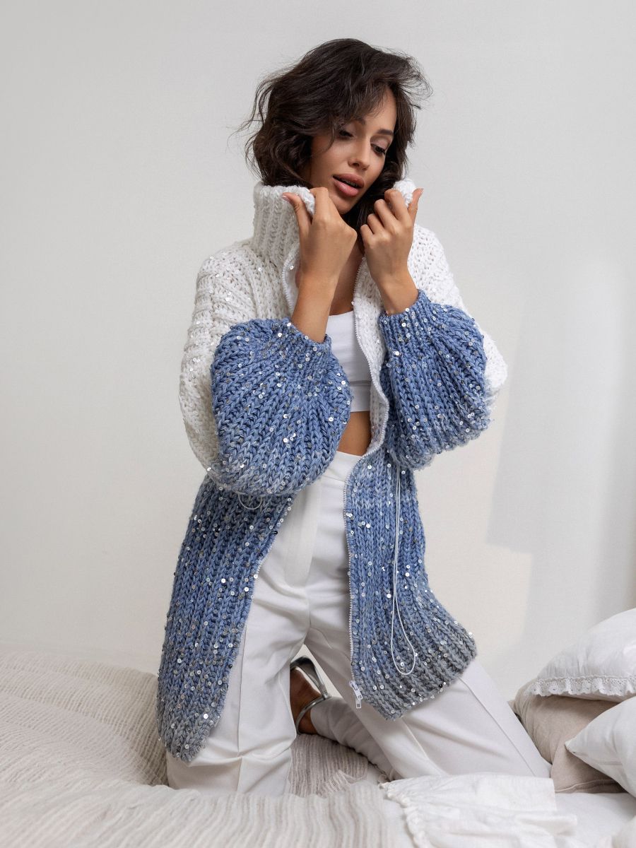 Knitted White - Blue Oversized Cardigan